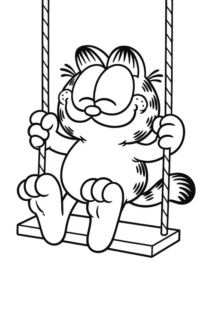 Black-and-white cartoon cat sitting on a swing