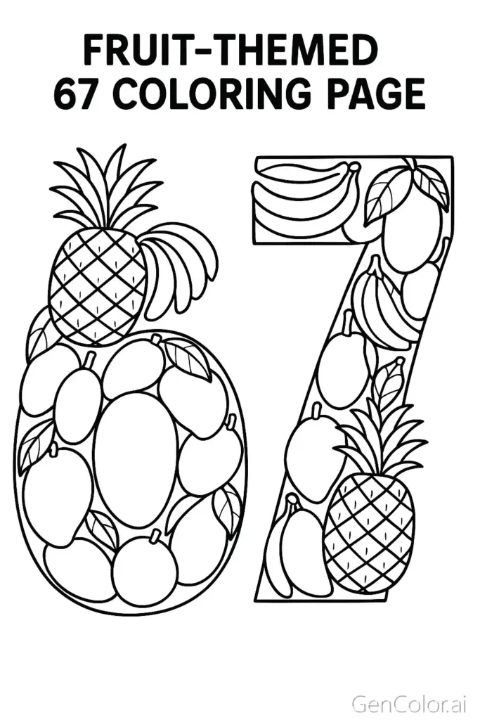 Fruit-themed coloring page with large number 67