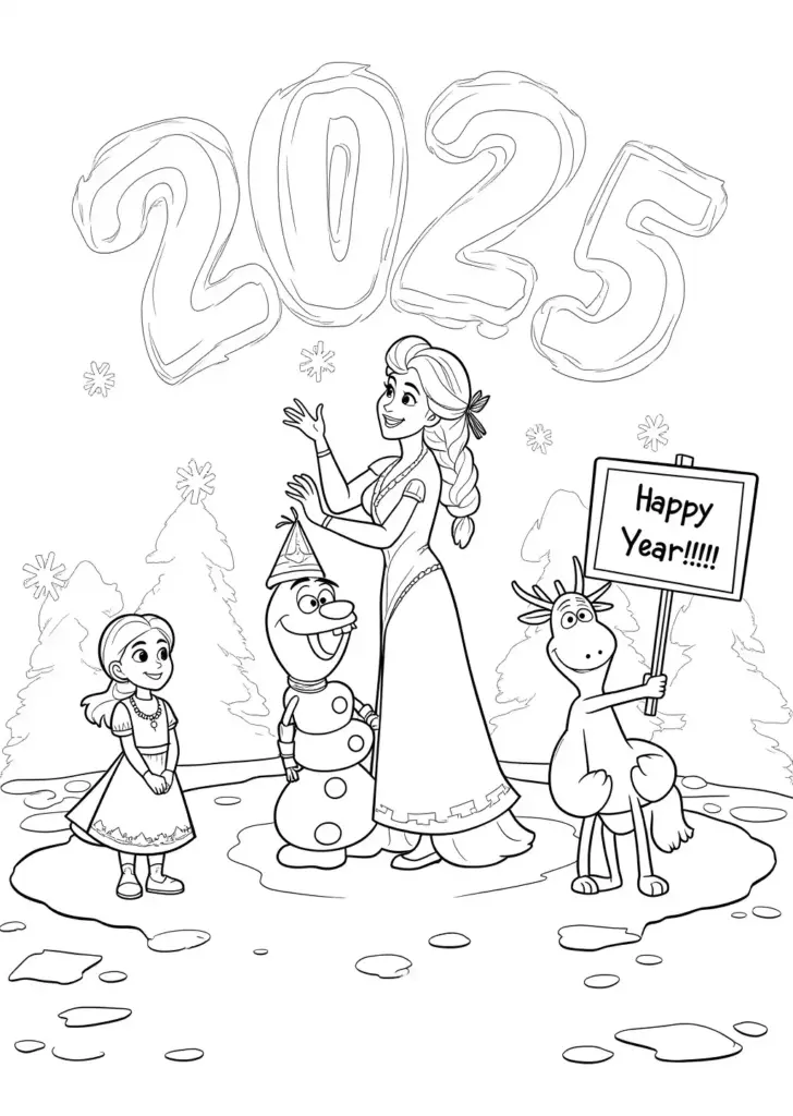 Black-and-white cartoon of Frozen characters with 2025 text
