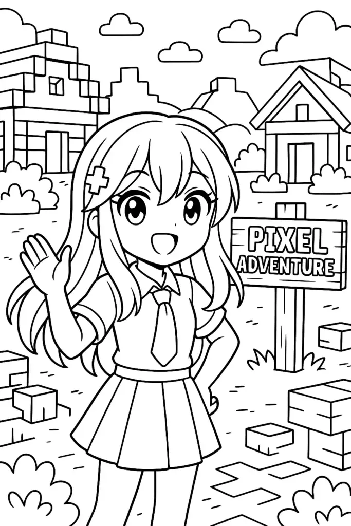 Anime girl waving in pixel village coloring page