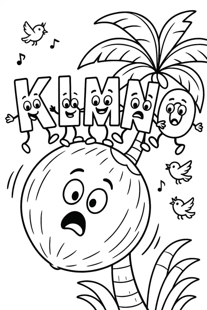 Cartoon letters climbing a palm tree, birds around them