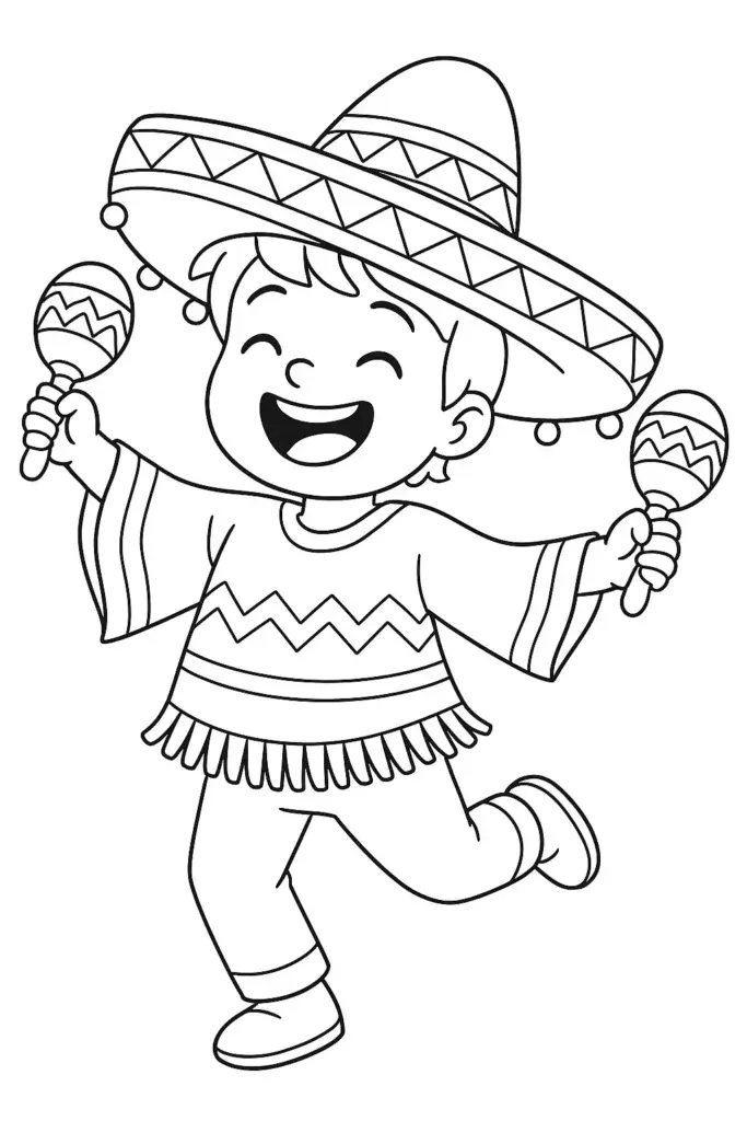 Smiling child in sombrero shaking maracas