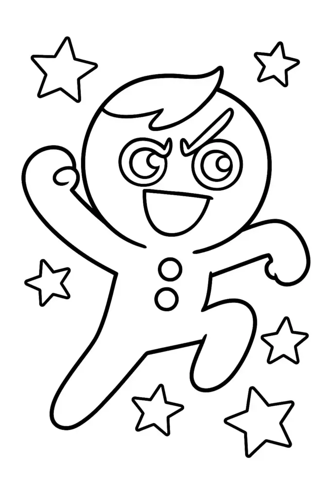 Cartoon gingerbread figure with stars around it
