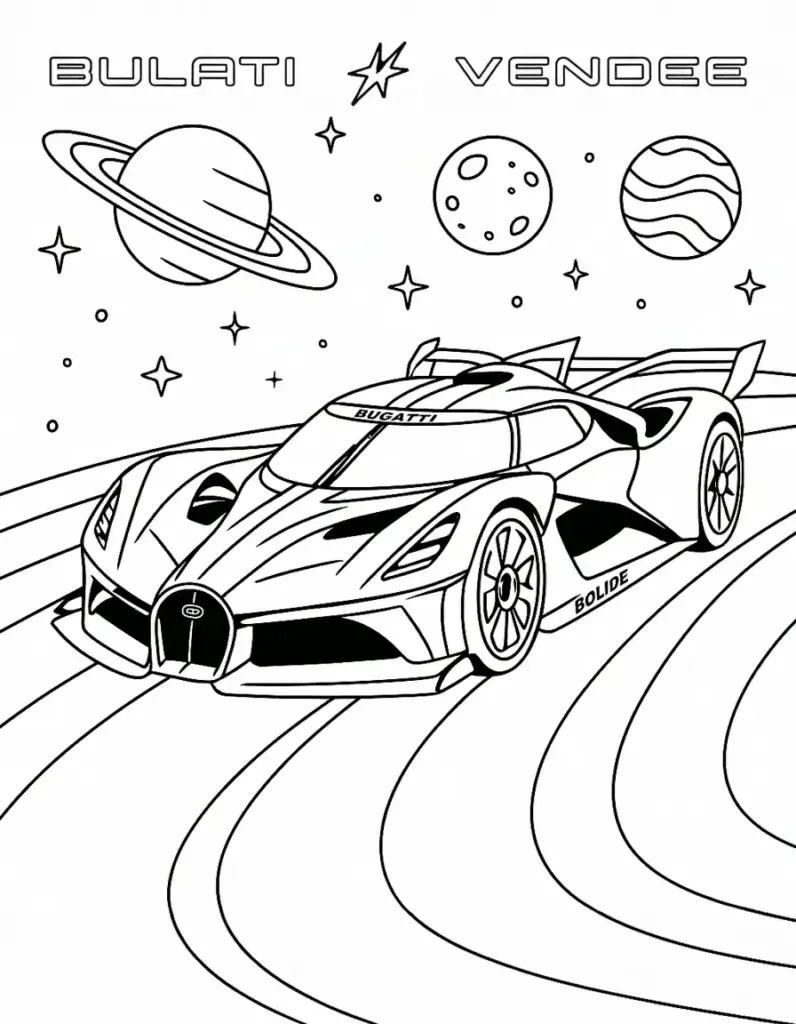 Black-and-white sports car coloring page in outer space