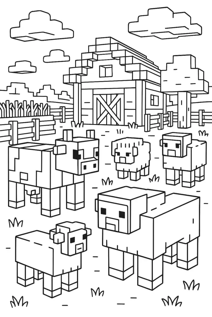 Line drawing of blocky farm animals near barn and fences