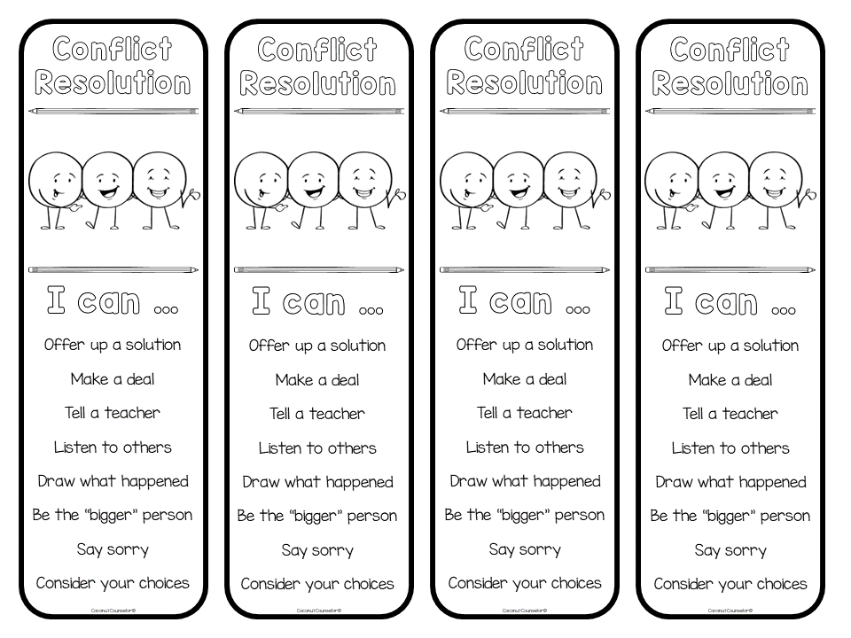 Four conflict resolution worksheets with cartoon faces