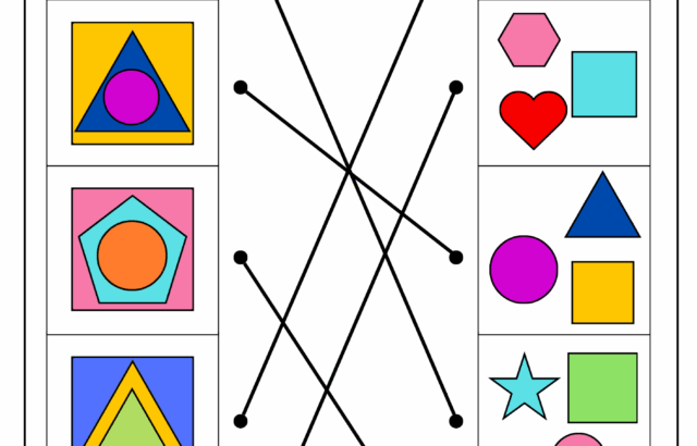 Colorful shapes matching worksheet with connected lines