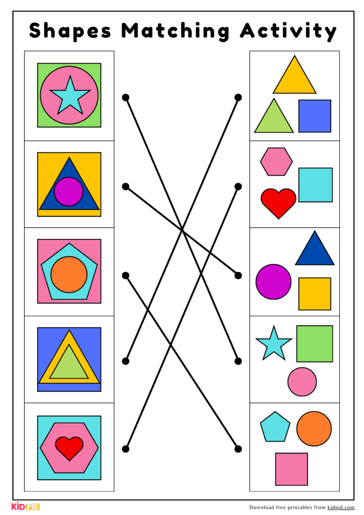 Colorful shapes matching worksheet with connected lines