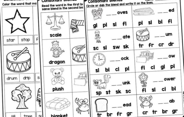 Three consonant blend worksheet pages with pictures and words