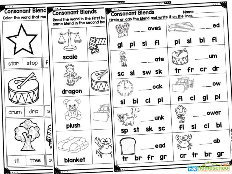 Three consonant blend worksheet pages with pictures and words