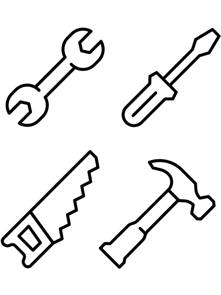 Four outlined hand tools on white background