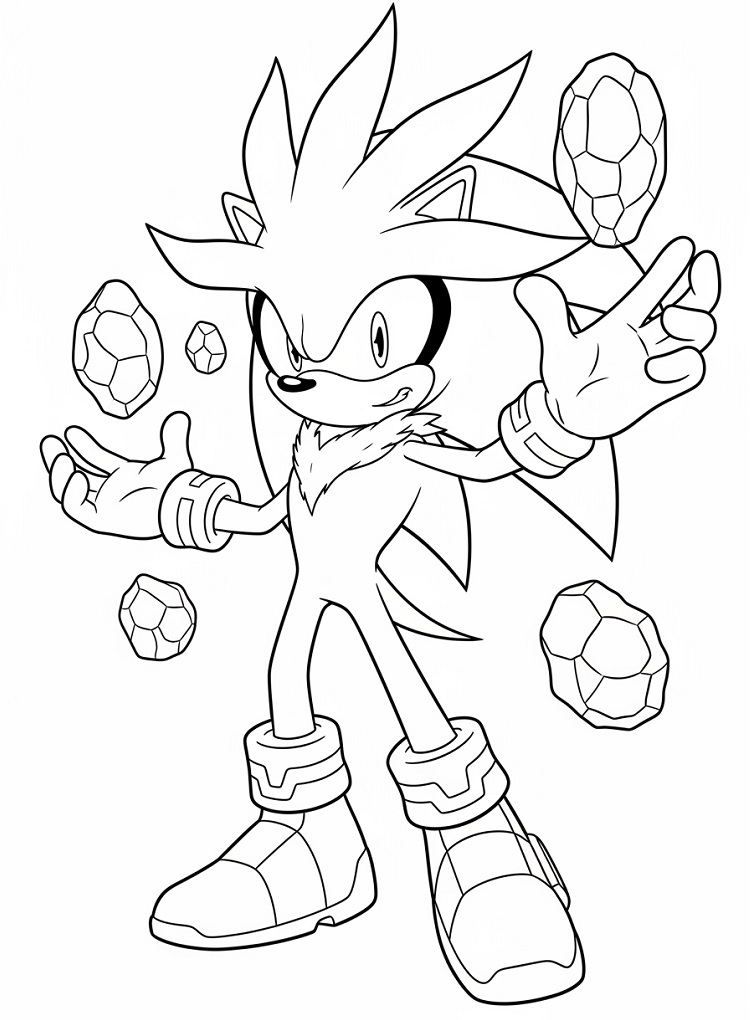 Line drawing of a spiky-haired character with floating gems