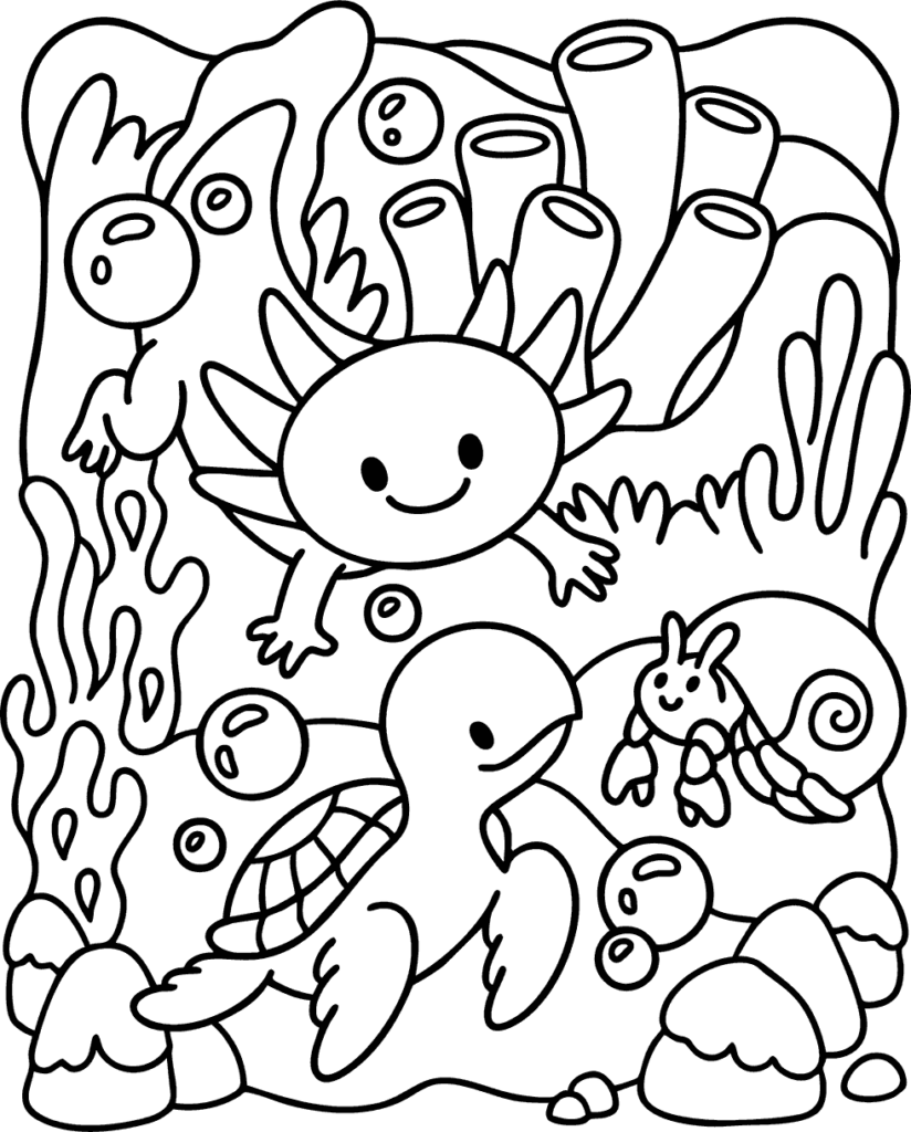 Black-and-white coloring page of smiling sea animals underwater