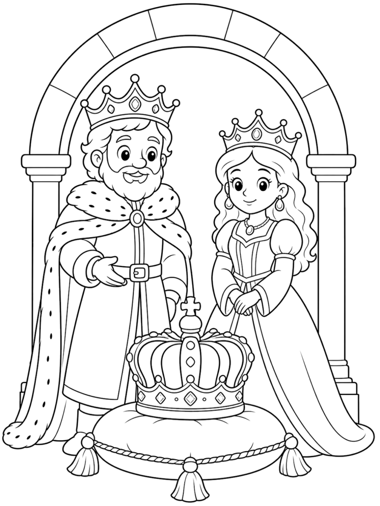 Black-and-white king and queen coloring page under archway