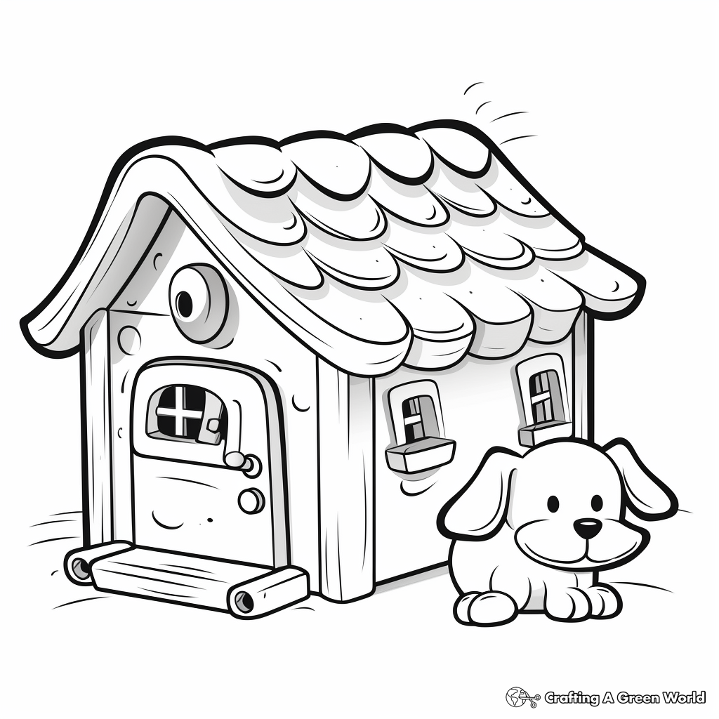 Cartoon doghouse with puppy beside it on white background