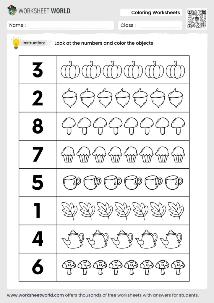 Coloring worksheet with numbers and outlined objects
