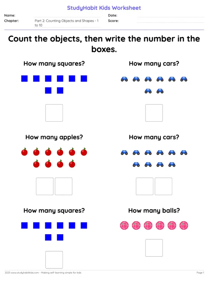 Kids counting worksheet with squares, cars, apples, and balls