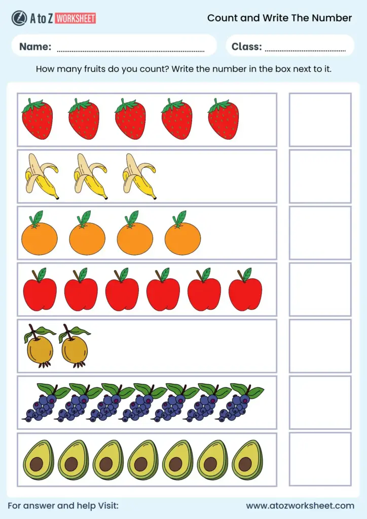 Fruit counting worksheet with rows of colorful fruit icons