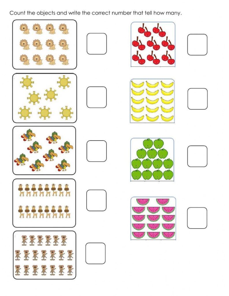 Counting worksheet with animal and fruit pictures