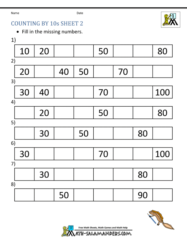 Counting by tens worksheet with numbered rows and boxes