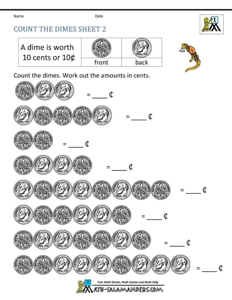Printable dime counting worksheet with coin rows and blanks