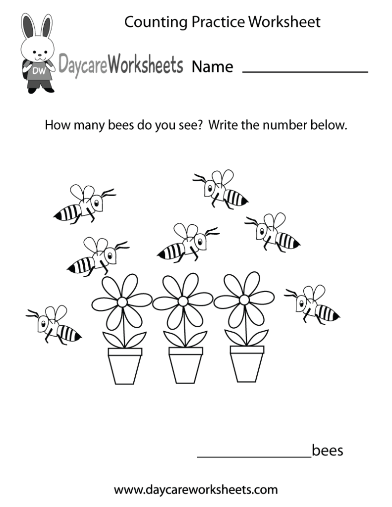 Counting practice worksheet with bees and flowers