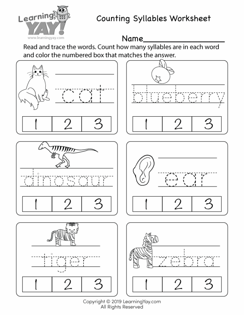 Counting syllables worksheet with six animal words