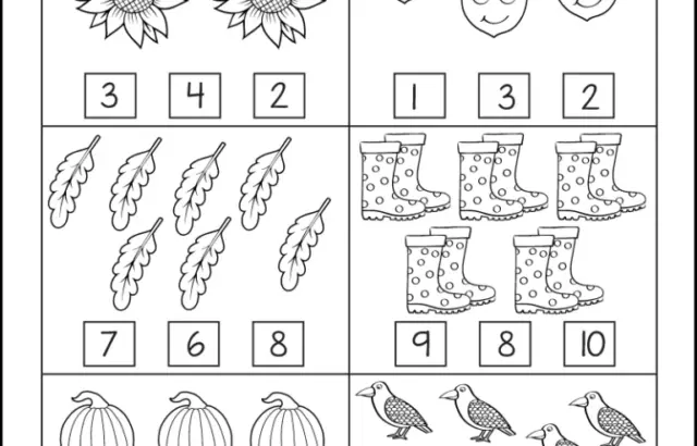Counting worksheet with flowers, acorns, feathers, boots, pumpkins, birds