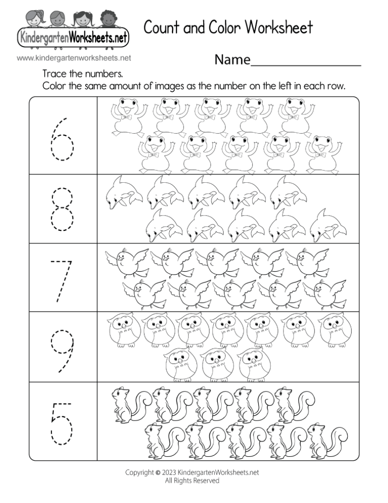 Kindergarten count and color worksheet with animal rows