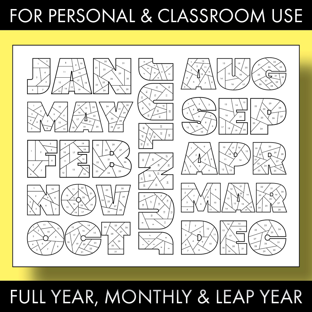 Monthly calendar letters puzzle page with numbers