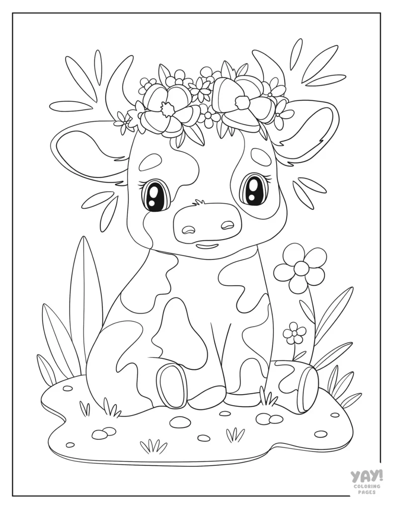 Cute cow coloring page with flower crown