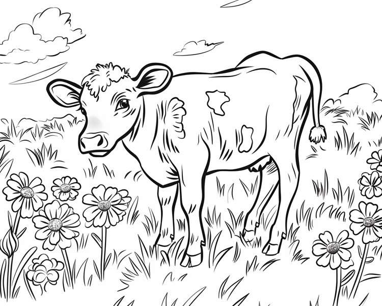 Cow standing in grassy field with flowers