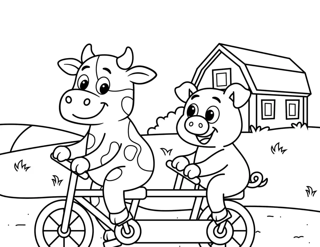 Cow and pig riding a bicycle near a barn