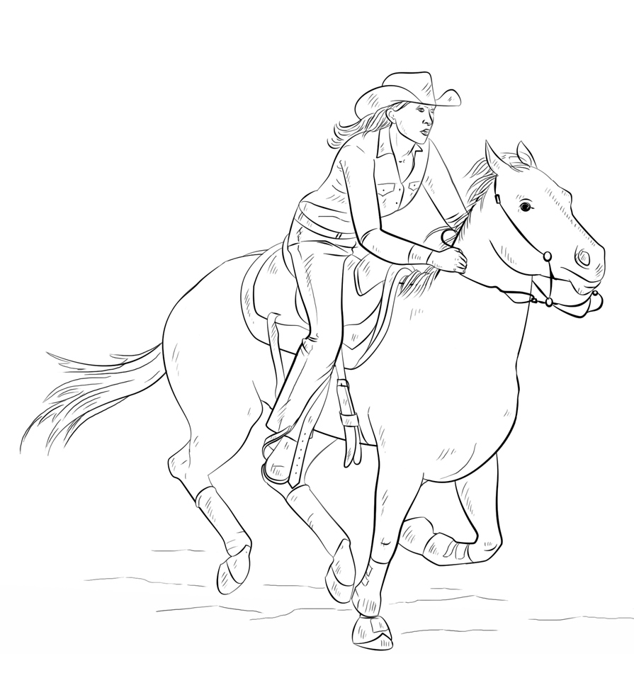 Cowgirl riding a horse in line art