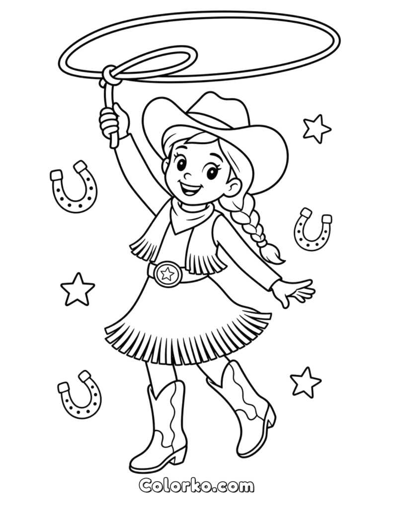 Cowgirl coloring page with lasso, horseshoes, stars