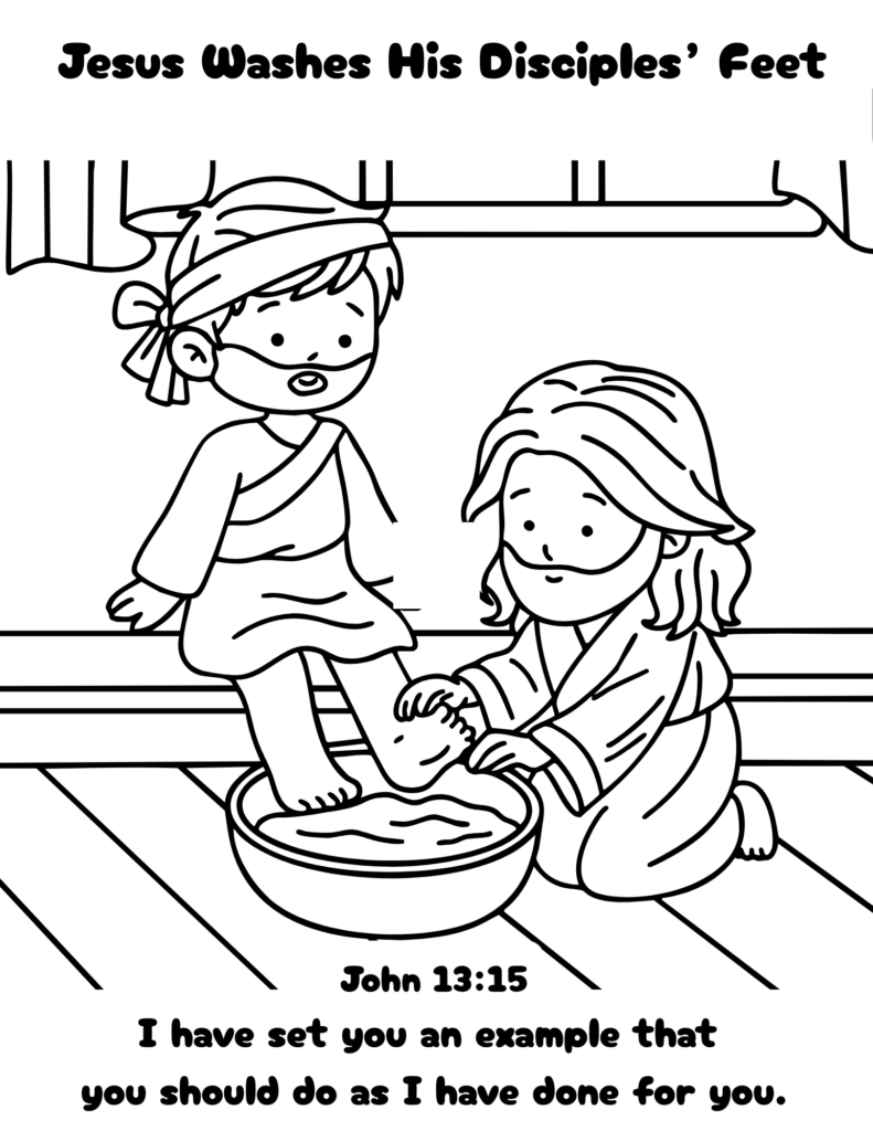 Jesus washing disciple’s feet in biblical coloring page