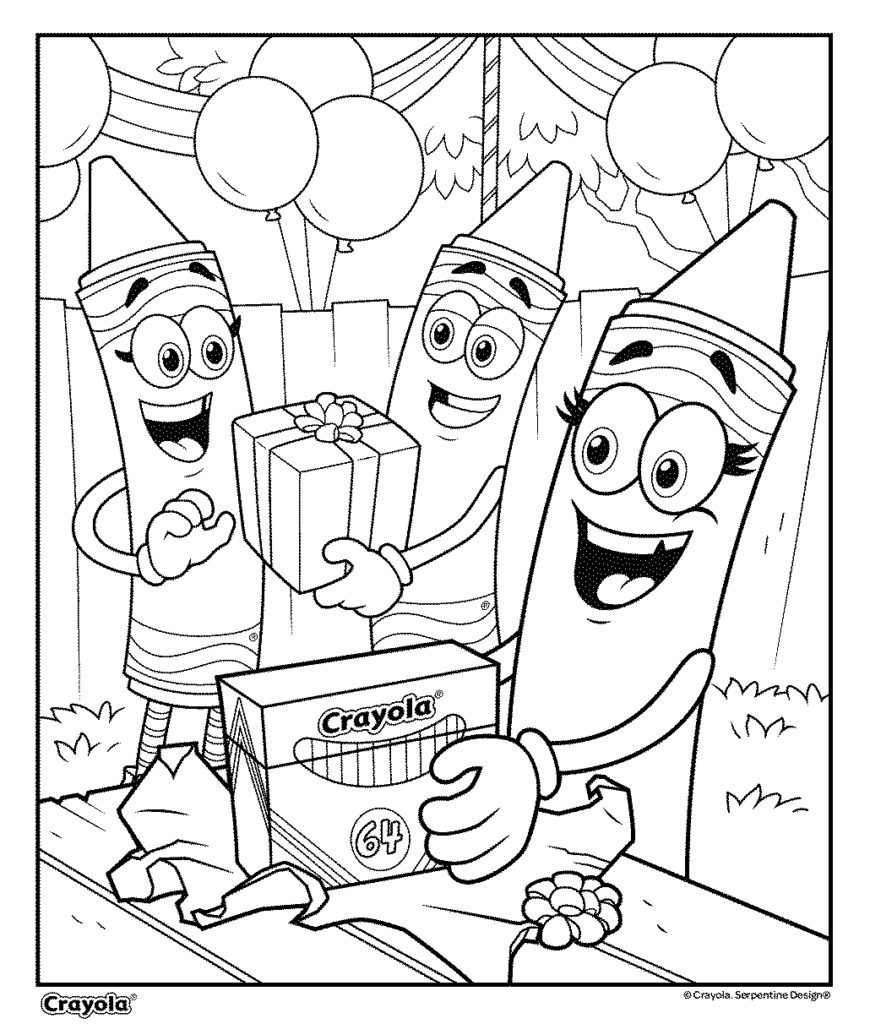 Three smiling crayon characters with gift boxes and balloons