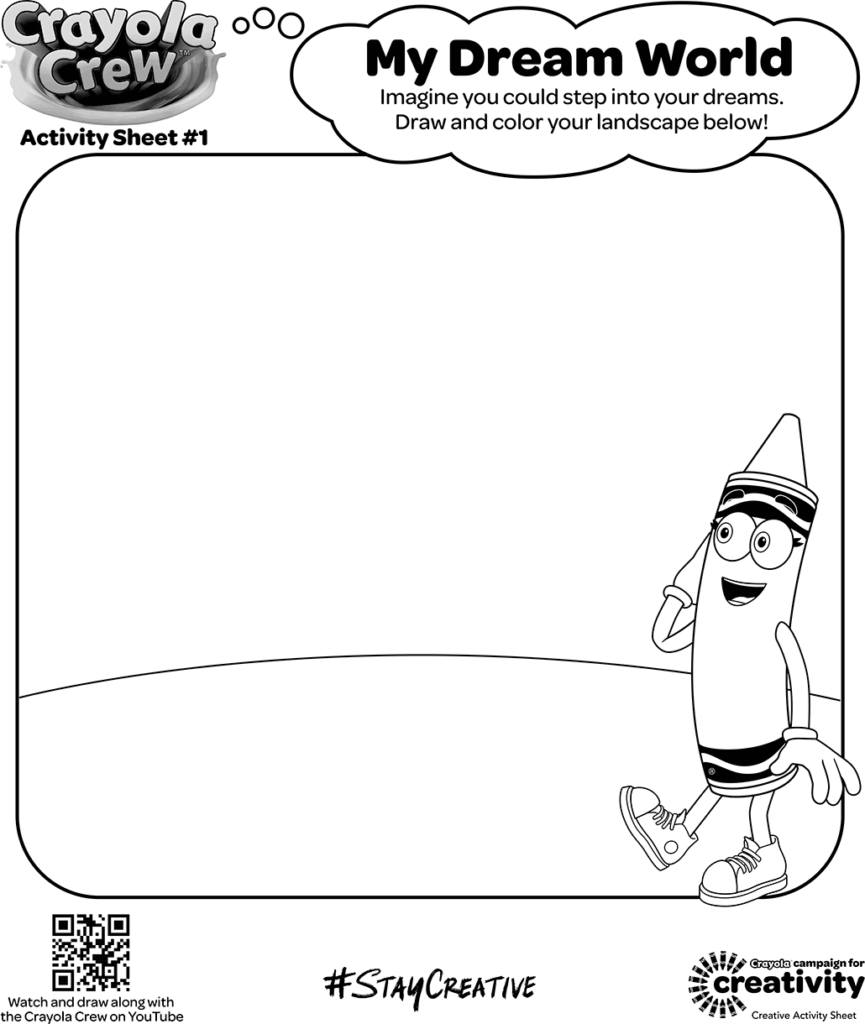 Crayola Crew coloring activity sheet with blank landscape area