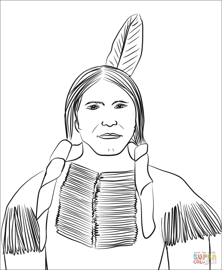 Black-and-white line drawing of Native American man portrait