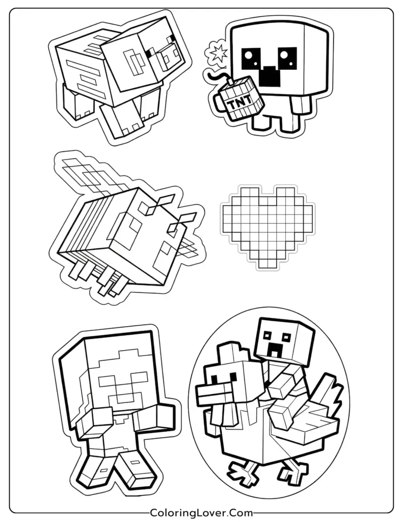Minecraft-style characters on a coloring page with outline drawings
