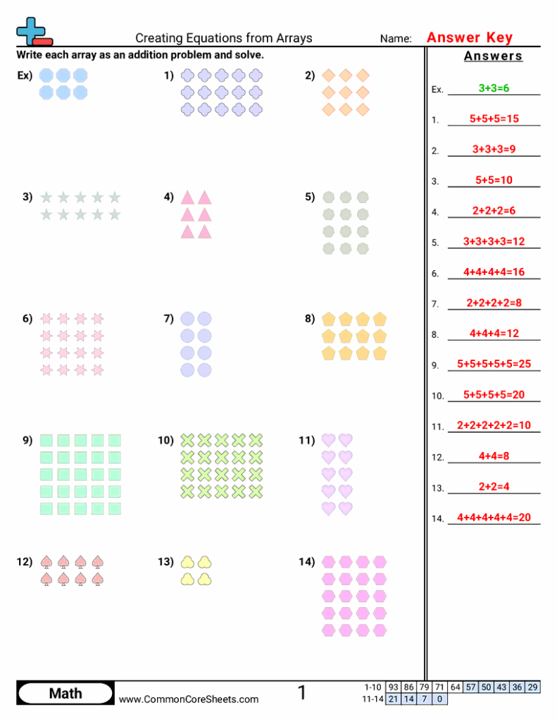 Math worksheet with colored arrays and answer key