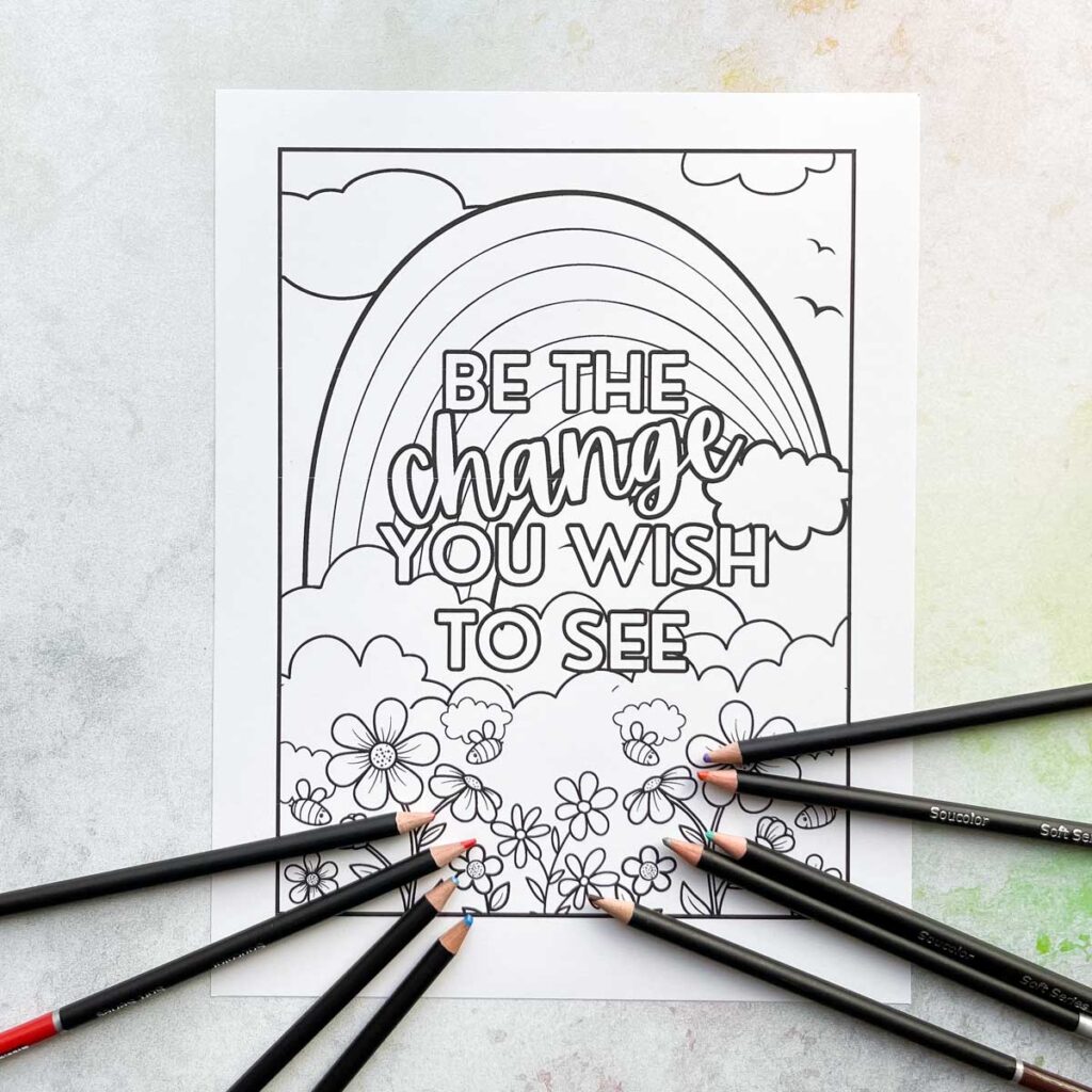 Coloring page with rainbow, clouds, flowers, pencils