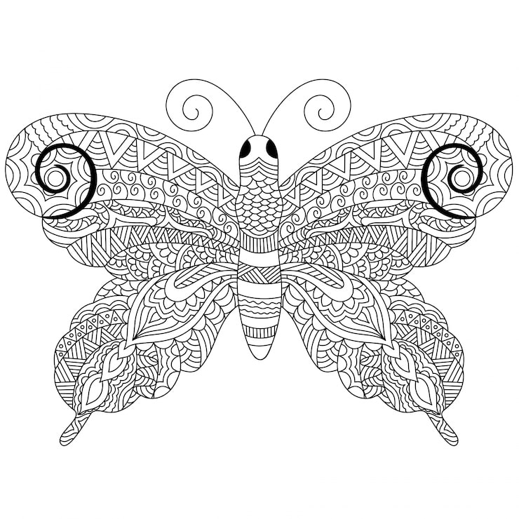 Intricate black-and-white butterfly coloring page on white background