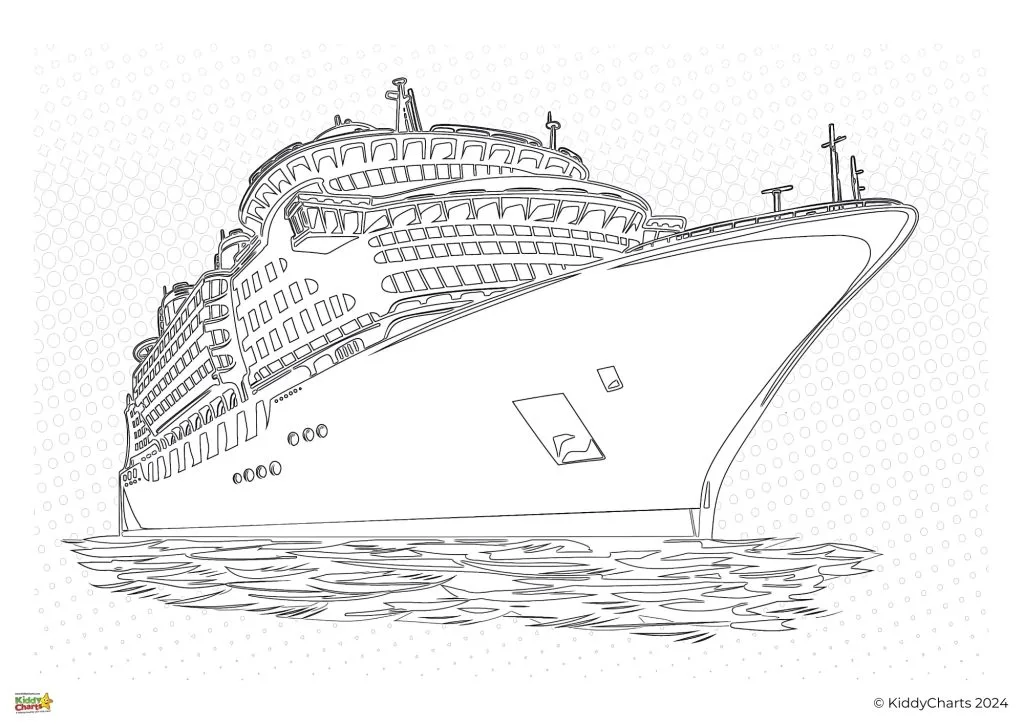 Line drawing of a large cruise ship at sea