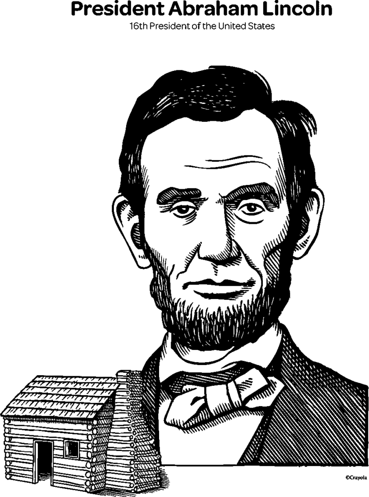 Black-and-white portrait of Abraham Lincoln with log cabin