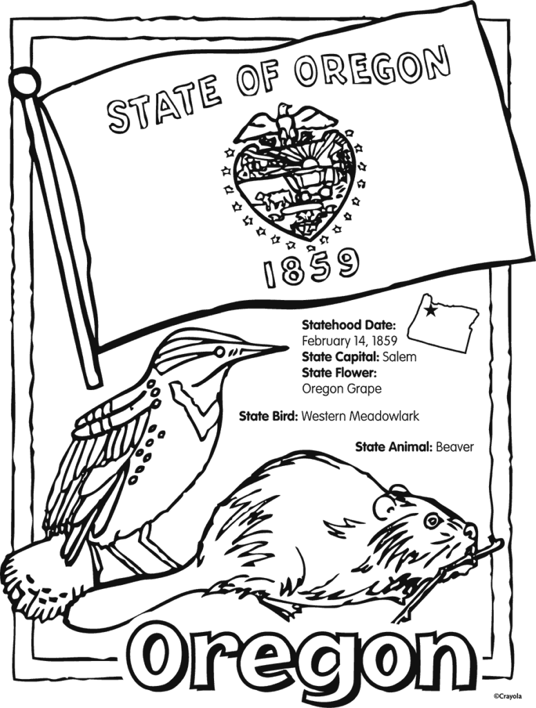 Oregon state coloring page with bird, beaver, and flag