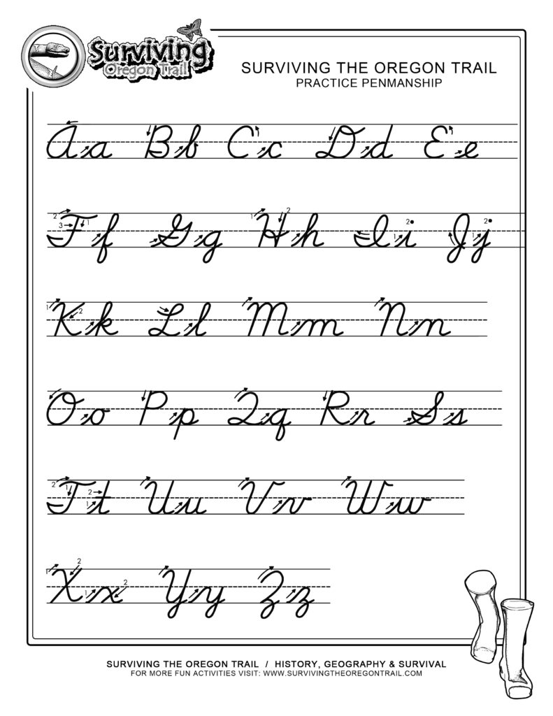 Cursive alphabet practice worksheet titled Surviving the Oregon Trail