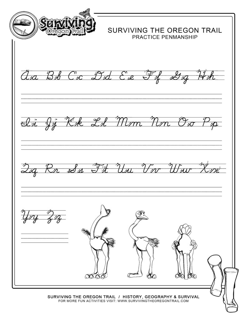 Oregon Trail cursive practice worksheet with ostrich drawings