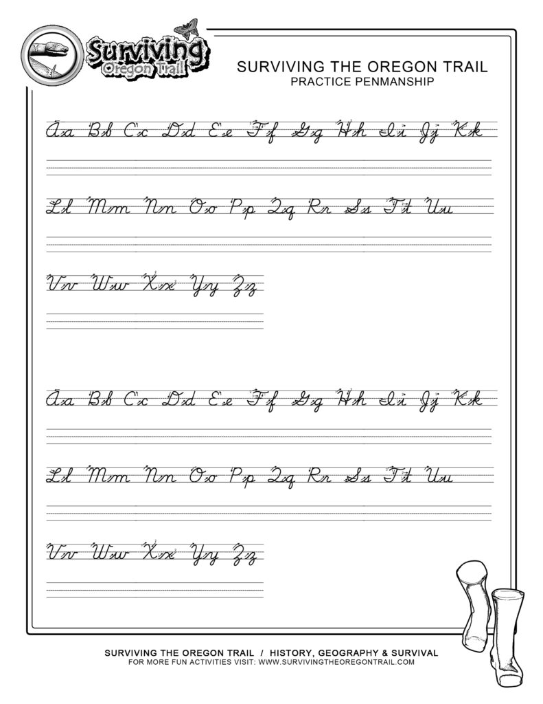 Cursive alphabet practice worksheet with Oregon Trail title