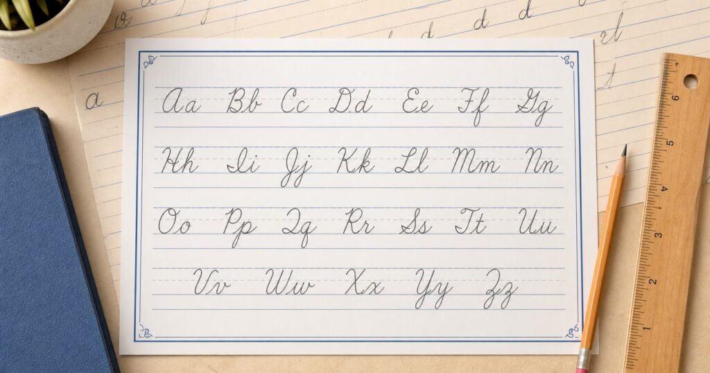 Cursive alphabet practice sheet with pencil and ruler